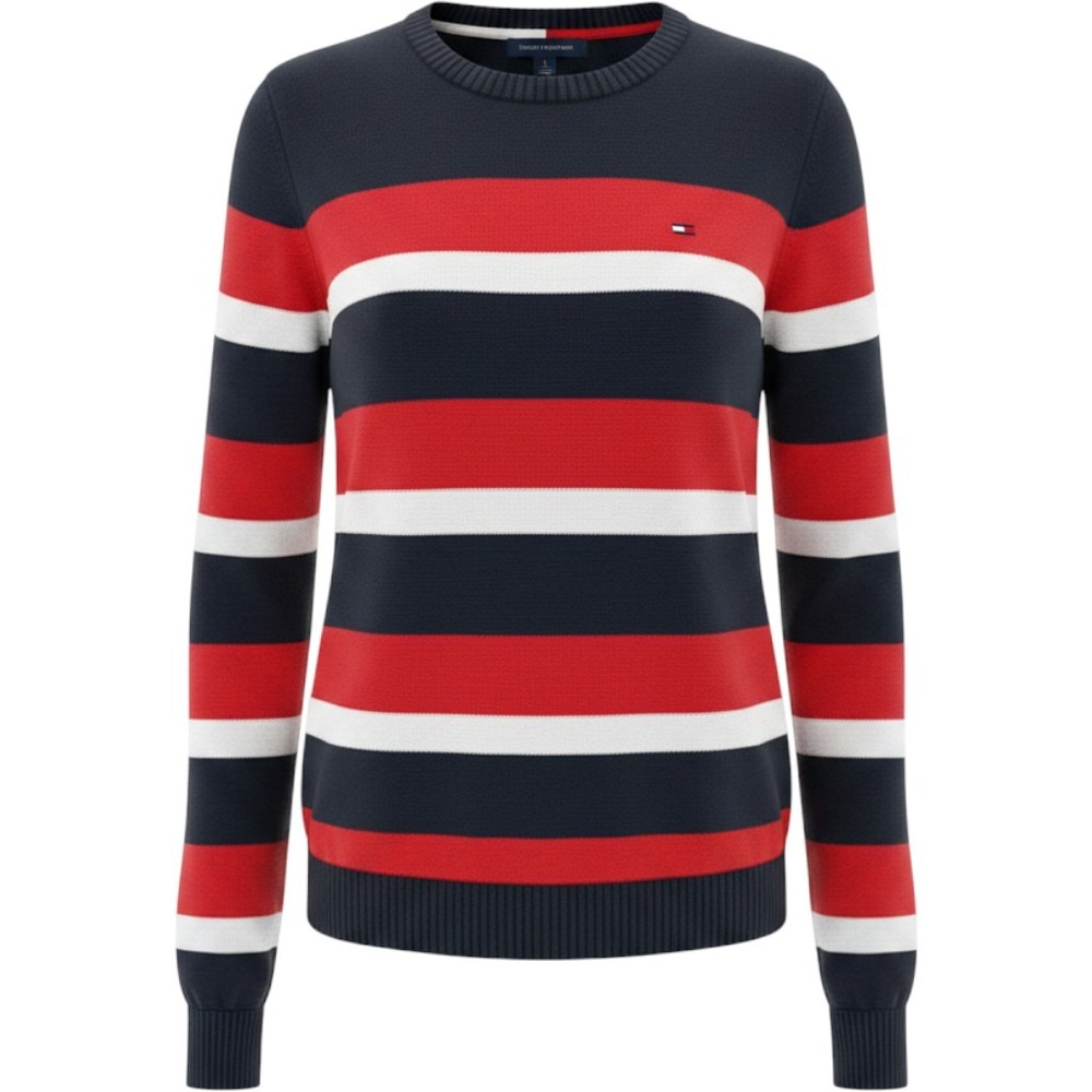 Tommy Hilfiger Striped Sweater Womens Large Navy Red White Nautical Crew Neck